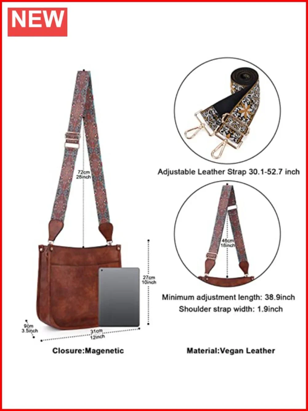 Vegan Leather Hobo Crossbody Bag with 2 Adjustable Guitar Straps